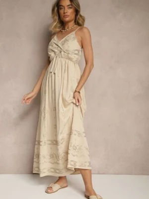 Beżowa Wiskozowa Sukienka o Rozkloszowanym Kroju na Ramiączkach z Haftem Uloranelia rosa