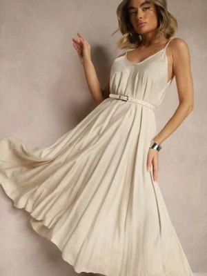 Beżowa Wiskozowa Sukienka o Rozkloszowanym Kroju Ozdobiona Cyrkoniami Tosnaria cflo