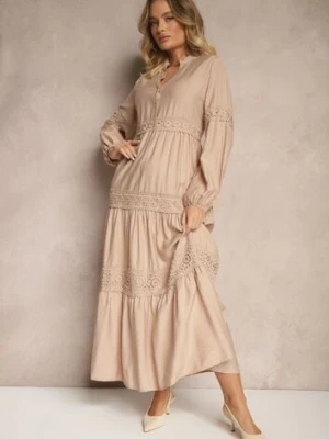 Ciemnobeżowa Wiskozowa Sukienka o Rozkloszowanym Kroju z Koronką Gonalorin maja studio
