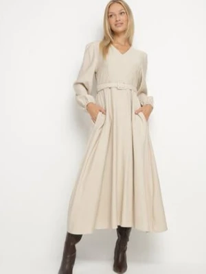 Beżowa Wiskozowa Sukienka o Rozkloszowanym Kroju z Paskiem z Klamerką Arilesse unigirl