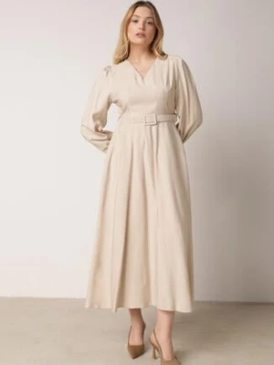 Beżowa Wiskozowa Sukienka o Rozkloszowanym Kroju z Paskiem z Klamerką Arilesse unigirl