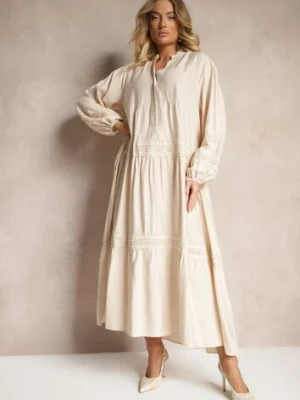 Beżowa Wiskozowa Sukienka Ozdobiona Koronką Nelanira maja studio