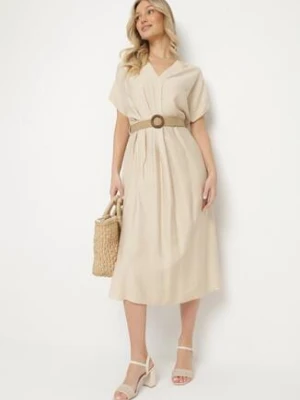 Beżowa Wiskozowa Sukienka Pudełkowa z Paskiem i Rozcięciami po Bokach Sonanira cflo