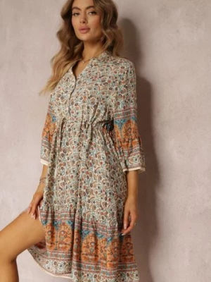 Beżowa Wiskozowa Sukienka w Kwiaty z Rękawem 3/4 i Falbanką Sulamita cflo