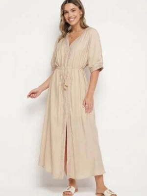 Beżowa Wiskozowa Sukienka z Ażurową Lamówką Aravellea rosa