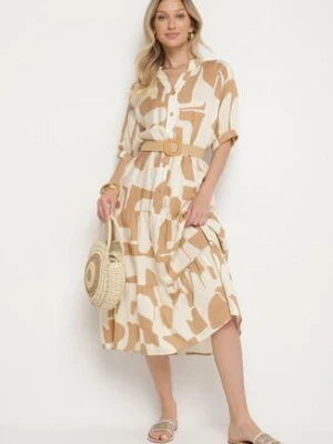 Beżowa Wiskozowa Sukienka z Geometrycznym Wzorem Filarin j&x