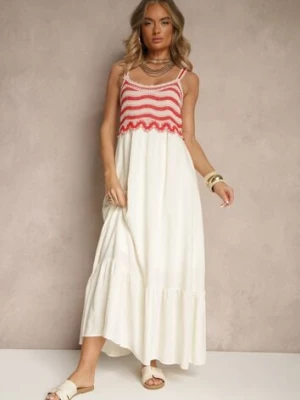 Beżowa Wiskozowa Sukienka z Haftami na Ramiączkach o Rozkloszowanym Kroju Efralisse rosa