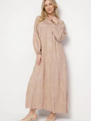 Beżowa Wiskozowa Sukienka z Metaliczną Nicią i Haftami Norvezira maja studio