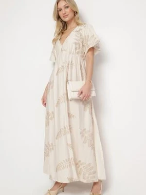 Beżowa Wiskozowa Sukienka z Metalicznymi Haftami Helvesia maja studio