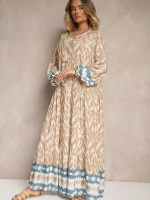 Beżowa Wiskozowa Sukienka z Printem w Stylu Boho z Chwostami Erianea cflo