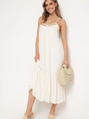 Beżowa Wiskozowa Sukienka z Ramiączkami Zdobiona Cekinami i Metaliczną Nitką Comalara rosa