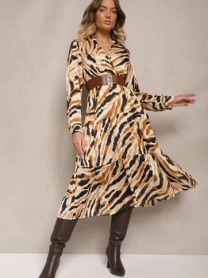 Beżowa Wzorzysta Sukienka o Kopertowym Rozkloszowanym Kroju z Paskiem i Gumką Zinravia rosa