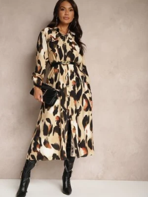 Beżowa Wzorzysta Sukienka o Koszulowym Kroju z Paskiem z Plecionki Mirirani rosa