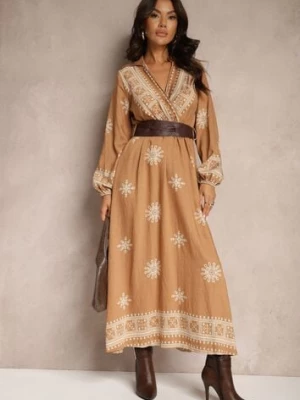 Beżowa Wzorzysta Sukienka z Wiskozą o Kopertowym Kroju z Gumką i Paskiem Zinalise rosa