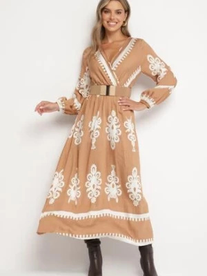 Beżowa Wzorzysta Sukienka z Wiskozą o Kopertowym Kroju z Gumką w Talii i Paskiem Tifirae rosa