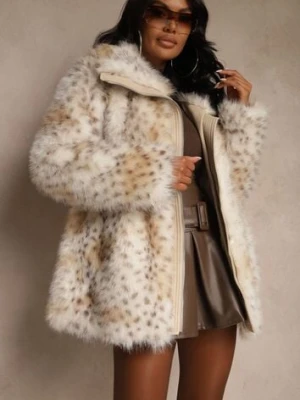 Beżowa Zasuwana Kurtka Futerko z Szerokim Kołnierzem Mevisena