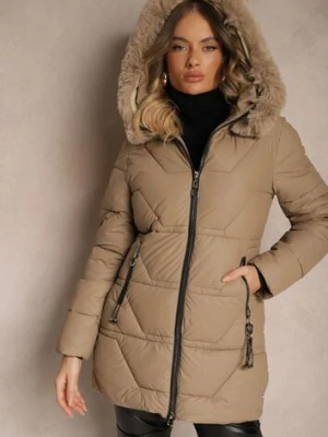 Beżowa Zimowa Kurtka Pikowana Ozdobiona Futrzanym Kołnierzem Elladriel swest