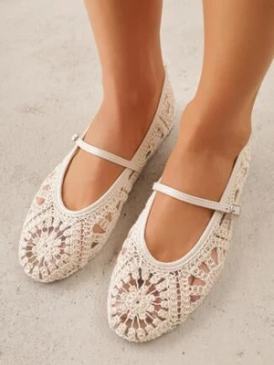 Beżowe Ażurowe Balerinki VICES w Stylu Boho z Paskiem z Klamerką Phepheu