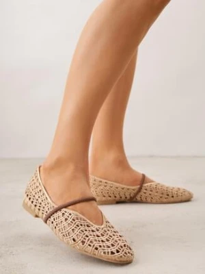 Beżowe Ażurowe Balerinki z Imitacji Plecionki z Paskiem Naeraea