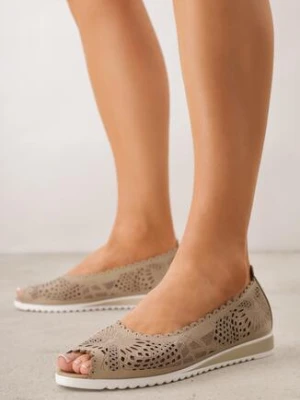 Beżowe Ażurowe Balerinki ze Skóry Naturalnej z Odkrytymi Noskami Prisira m.daszynski