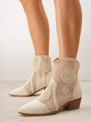 Beżowe Ażurowe Botki Kowbojki VICES na Niskim Obcasie Azimessa