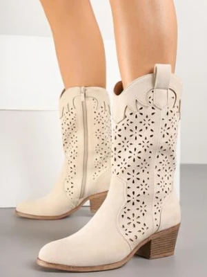 Beżowe Ażurowe Botki na Obcasie w Stylu Kowbojek Lissemi gogo gogo