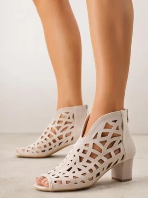 Beżowe Ażurowe Botki Peep Toe na Słupku ze Skórzaną Wkładką Cezelle m.daszynski