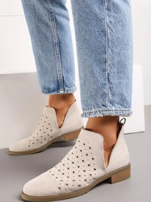 Beżowe Ażurowe Botki Sztyblety z Ozdobnym Rozcięciem Aleraa m.daszynski