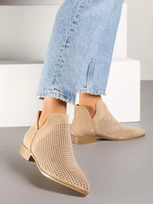 Beżowe Ażurowe Botki Vices na Płaskiej Podeszwie z Ozdobnym Wycięciem Selenith