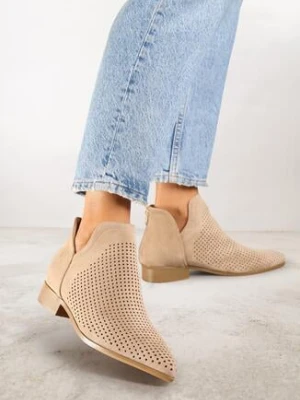 Beżowe Ażurowe Botki Vices na Płaskiej Podeszwie z Ozdobnym Wycięciem Selenith