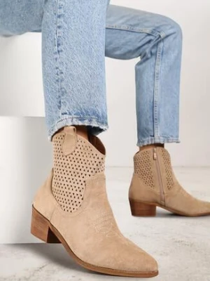 Beżowe Ażurowe Botki Vices w Stylu Kowbojek na Obcasie Norfedi