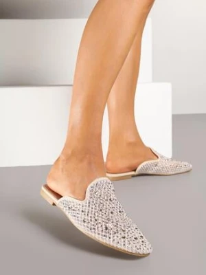 Beżowe Ażurowe Płaskie Klapki Mule Ozdobione Cyrkoniami Danelitha