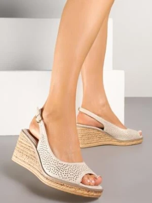 Beżowe Ażurowe Sandały na Korkowym Koturnie ze Skórzaną Wkładką Nairavia goodin