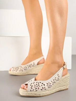 Beżowe Ażurowe Sandały na Koturnie z Plecionki z Motywem Kwiatowym Nevoriae tulipano