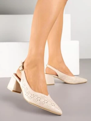 Beżowe Ażurowe Sandały Vices na Obcasie Bez Pięty ze Skórzaną Wkładką Atirione