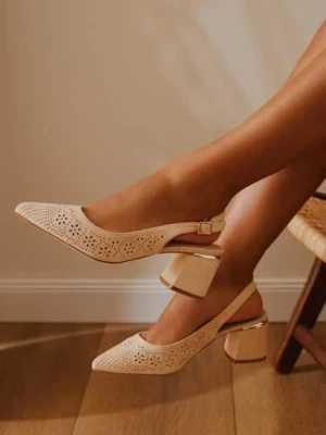 Beżowe Ażurowe Sandały Vices na Obcasie Bez Pięty ze Skórzaną Wkładką Iffilissea