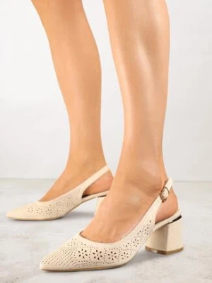 Beżowe Ażurowe Sandały Vices na Obcasie Bez Pięty ze Skórzaną Wkładką Iffilissea