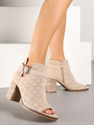 Beżowe Ażurowe Sandały w Stylu Botków na Słupku z Ozdobną Klamrą Turaria besty