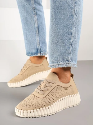 Beżowe Ażurowe Sneakersy na Grubej Podeszwie z Tłoczeniem Ronele Super Mode