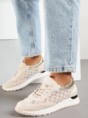 Beżowe Ażurowe Sneakersy Ozdobione Metalicznymi Wstawkami Sdivane Mellisa