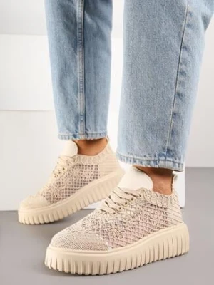 Beżowe Ażurowe Sneakersy Vices na Grubej Podeszwie z Tłoczeniem Luminise