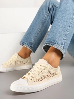 Beżowe Ażurowe Trampki z Cholewką Przed Kostkę Iilira