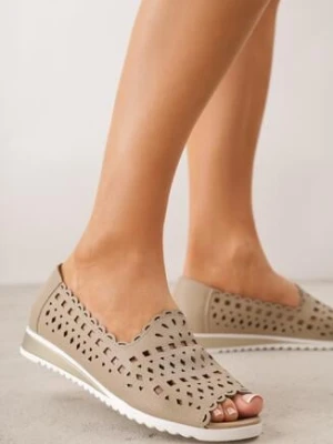 Beżowe Balerinki Ażurowe ze Skóry Naturalnej z Odkrytym Noskiem Amalimeni m.daszynski