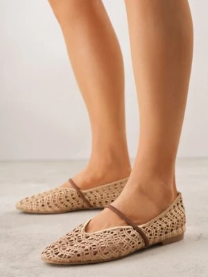 Beżowe Balerinki Mary Jane z Ażurową Cholewką Imitującą Plecionkę Timina