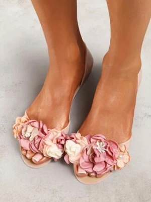 Beżowe Balerinki Meliski z Otwartym Noskiem i Kwiatową Aplikacją Lamedella