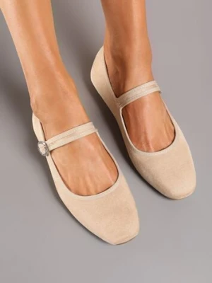 Beżowe Balerinki na Płaskiej Podeszwie z Ozdobnym Paskiem Rishara