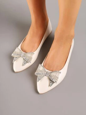 Beżowe Balerinki Ozdobione Cyrkoniową Kokardą Melioria seastar
