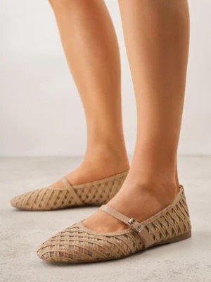 Beżowe Balerinki z Ażurowym Wzorem i Paskiem Astethera