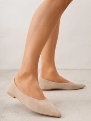 Beżowe Balerinki z Imitacji Zamszu ze Szpiczastym Noskiem Melikel