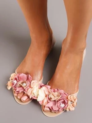 Beżowe Balerinki z Otwartym Noskiem Ozdobione Kwiatkami Entihe